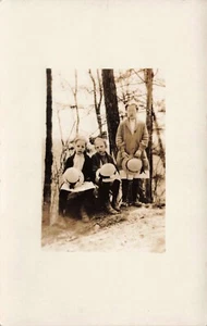 Woman & Two Girls All Holding Hats In Hand RPPC - Picture 1 of 2