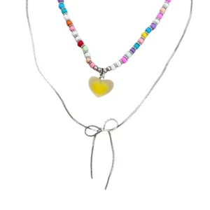 Stylish Heart Pendant Beaded Necklace Eye-catching Snake Bone Chain Bowknot - Picture 1 of 10