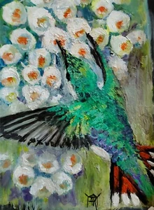 YARY DLUHOS Hummingbird Flower Wildlife Bird Garden Original Art Oil Painting - Picture 1 of 19