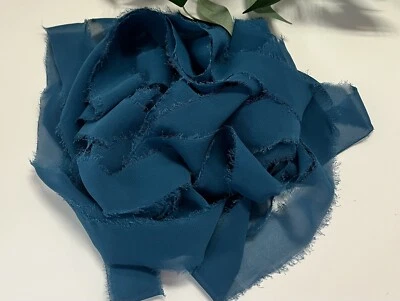 Teal Silk Chiffon Ribbon Hand Dyed With Frayed Edges, ideal for Weddings - Image 1 of 3