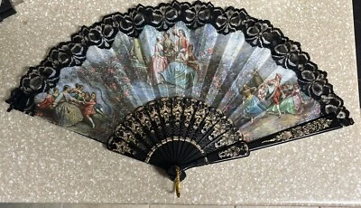 Abanico de Mano Plegable Souvenir Español Encaje Negro, Toreador, Matador, Un Lado. Foto 1 de 4