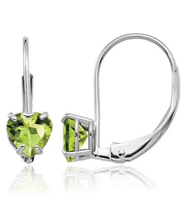 14K Solid White Gold 5mm Heart Peridot Dangle Earrings - Image 1 of 4