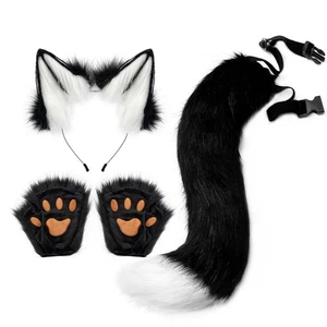 Faux Fur Wolf Ears Headband Fox Tail and Paw Gloves Set Cosplay Halloween Cos... - Bild 1 von 6