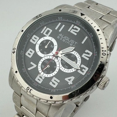 August Steiner Quartz Watch Men 30m Silver Black Day Date Analog New Battery 8" - Image 1 of 4