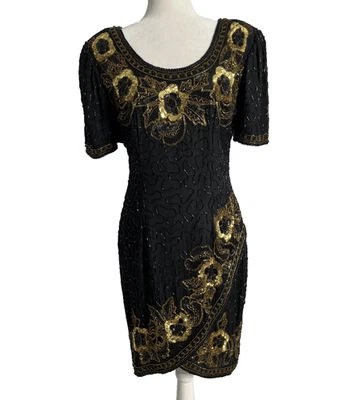 Vtg Stenay Black & Gold Silk Beaded Sequin Midi Cocktail Party Dress Sz 8  Women - Image 1 of 4
