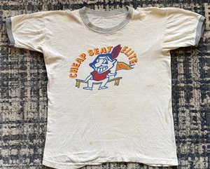 Vintage 1950s Cleveland Indians Chief Wahoo Cheap Seat Elite Ringer T Shirt Sz L - Picture 1 of 13