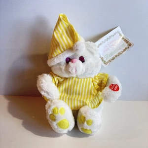Vtg Reinhart Bear White Yellow Stripe PJs Bonnet 10" Musical Rockabye Baby Video - Bild 1 von 13