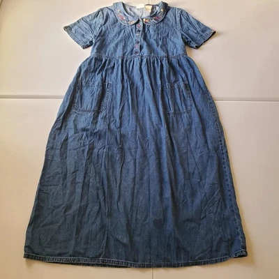 Vtg 90s  Dress Womens Large Denim Peter Pan Collar Embroidered  Modest Floral - Image 1 of 4