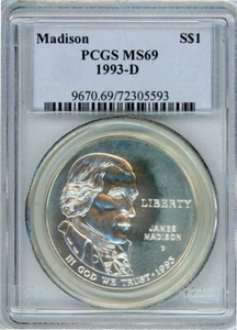 1993D JAMES MADISON COMMEMORATIVE DOLLAR PCGS MS69 Cert. 72305593 - Picture 1 of 2