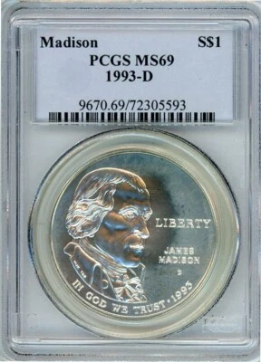 1993D JAMES MADISON COMMEMORATIVE DOLLAR PCGS MS69 Cert. 72305593 - Image 1 of 2