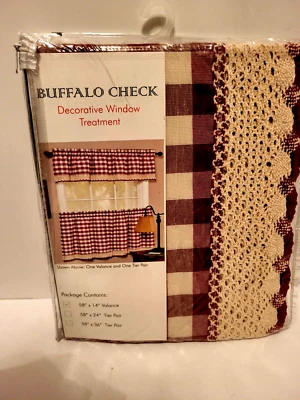 Tratamento de janela cortina de cozinha Buffalo Check Burgundy Valance novo 58" x 14" - Imagem 1 de 3