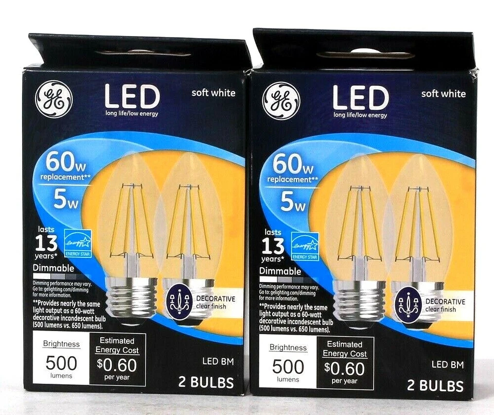 2 Boxes GE LED 5w Soft White 500 Lumens Decorative Clear Finish 2 Ct BM Bulbs - Image 1 of 1