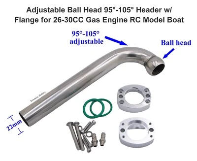 Adjustable Ball Head 95°-105° Header w/ Flange for 26-30CC Gas Engine RC Boat - Image 1 of 4