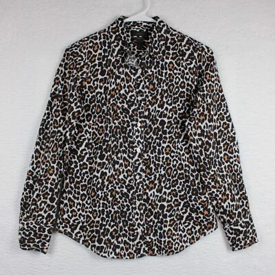 Camisa J.Crew Para Mujer Talla 2 Perfecta Estampado Leopardo Botón H7931 Mezcla de Lino Foto 1 de 4