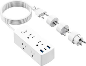 European Travel Plug Adapter Power Strip EU UK US 6 Outlets 3 USB Ports 5Ft Cord - Picture 1 of 1
