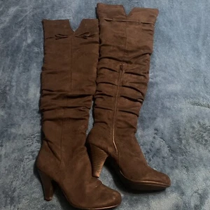 FIONI Knee High Suede Black Women Boots Size 8.5 Top Bow & Side Zipper Closure - Picture 1 of 11