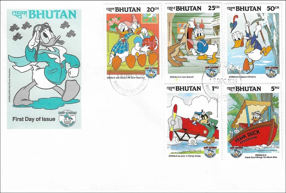 Donald Duck Pilot Alpine Climbers... Love Daisy Duck Disney Set Bhutan FDC 1984 - Image 1 of 1