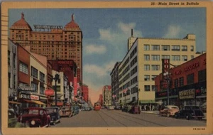 BUFFALO NY-MAIN STREET-TIENDAS Y AUTOS-TARJETA POSTAL DE LINO DE LA SEGUNDA GUERRA MUNDIAL-1944 - Imagen 1 de 2