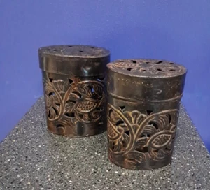 Set of 2 Vtg Reticulated Floral Pattern Decor TINS w/ lids, Tea light holders - Picture 1 of 7
