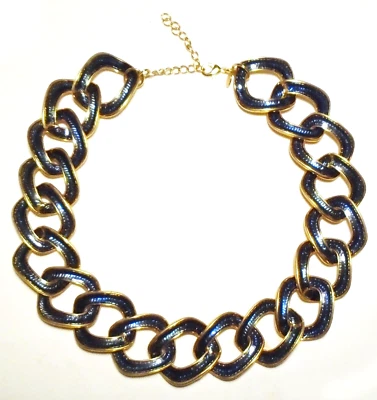 REVERSIBLE Vintage KENNETH JAY LANE KJL Blue ENAMEL/Gold HUGE CHAIN NECKLACE - Image 1 of 4