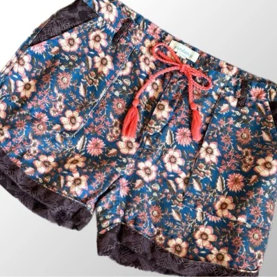 Pantalones Cortos Sundance Para Mujer MP Azul y Melocotón Estampado Floral Kalini Mezcla de Lino Pantalones Cortos Foto 1 de 4