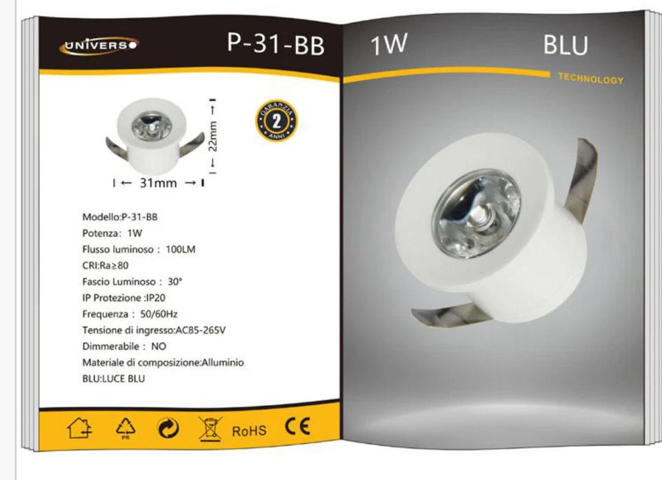 MINI FARETTO LED DA INCASSO PUNTO LUCE 1W 80 LUMEN BIANCO LUCE BLU - Immagine 1 di 1