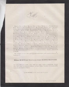 1872 Faire-part décès Mme de BOVIS née Marie-Louise-Josèphe de BOVIS-BEAUVOISIN. - Imagen 1 de 1