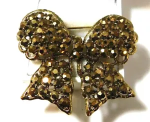 Vintage Weiss Schokolade Bronze Glas Strass Schleife Goldfarben Brosche - Bild 1 von 4
