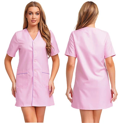 Women Scrubs Dress Button Front Nursing Workwear Housekeeping Dress with Pockets - Image 1 of 4