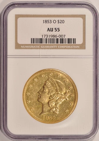 1853-O $20 Liberty Gold Double Eagle Coin NGC AU53 New Orleans Mint Pre-33 Gold Cover