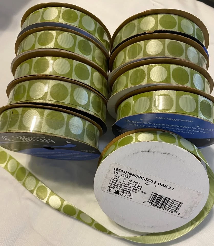 10 rolls Green Dot Satin Ribbon   5/8" W  12 ft. P/R - Image 1 of 1