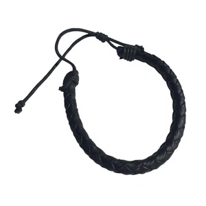 Braided Black Leather Bracelet Adjustable Size Handmade Artisan Craft Jewelry - Picture 1 of 4