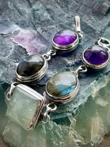 925 Sterling Silver Amethyst Labradorite Green Quartzite Multi Gemstone Bracelet - Picture 1 of 22