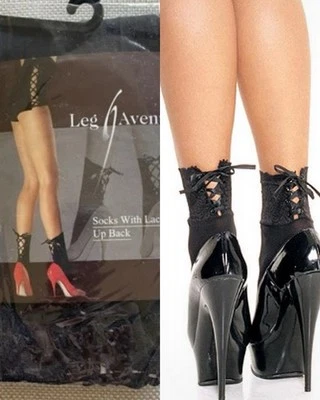 Meias Leg Avenue pretas com cadarço nas costas góticas steampunk Halloween sexy OSFM NOVAS - Imagem 1 de 3