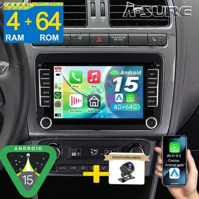 4+64G Android 15 Autoradio Navi CarPlay + Kam für VW Touran Tiguan Passat Caddy - Bild 1 von 4