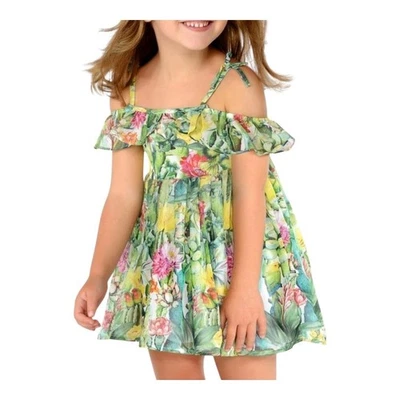 Mayoral Girls Size 8 Floral Cactus Print Off Shoulder Dress Party Casual Green - Image 1 of 4