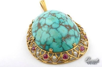 Anhänger antik großer Türkis 33x27 14k 585 Gelb Gold Rubin Perlen * - Bild 1 von 4