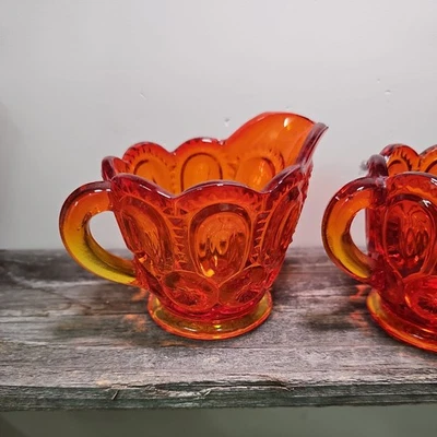 Vintage L.E. Juego de 2 cremas y 2 azúcares Smith Amberina Glass Moon & Stars. 4 piezas. Foto 1 de 4