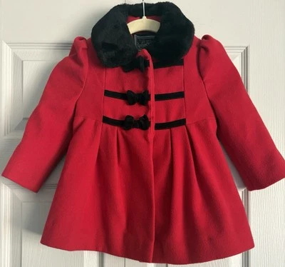 Abrigo de lana rojo y negro vintage Rothlischild cuello de piel sintética para niñas pequeñas 2T Foto 1 de 4