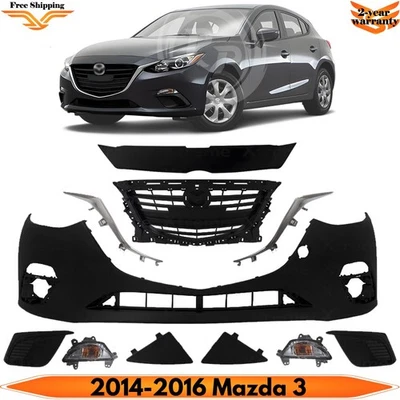 Front Bumper Cover Primed Plastic & Grille Upper Cover Kit For 2014-2016 Mazda 3 Foto 1 de 4
