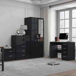 REFLECT 2dr Mirror Wardrobe + Chest + Bedside + Desk - Black/Black - Picture 1 of 12