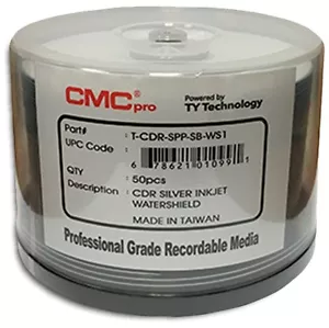 100-Pak CMC PRO =WATERSHIELD & GLOSSY= Silver Pearl Inkjet Hub 52X 80-Min CD-R's - Picture 1 of 2