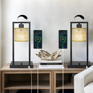 Set of 2 Dimmable Table Lamp with Rattan Shade USB Port Desk Lamp for Bedroom - Picture 1 of 7