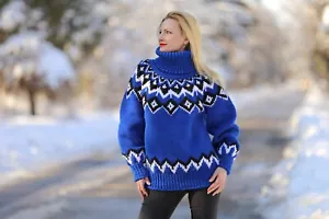 SuperTanya Suéter de Lana Azul Islandés Hecho a Mano Nórdico Invierno Jersey L - XL - Imagen 1 de 7