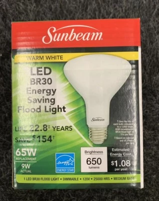 Sunbeam LED BR30 65W OUTDOOR/INDOOR Flood Light Bulb Dimmable New - Image 1 of 4