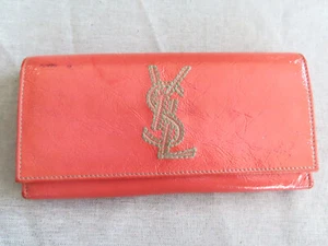 YSL Yves Saint Laurent pink w/ green stitch Logo clip front Patent Leathe wallet - Picture 1 of 9