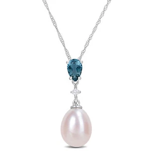 Amour 10k Yellow Gold Pink FW Pearl, London-Blue Topaz & Diamond Pendant Chain - Picture 1 of 5