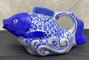 Blue and White Koi Fish Teapot Decorative Use Only - Picture 1 of 6