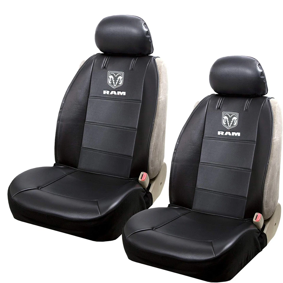 Ram Head Gray Logo Synthetic Leather Sideless Car Truck 2 Front Seat Covers Set - Image 1 of 2