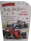 With Love To My Husband on Your Birthday Happy Birthday Card Motor Racing F1